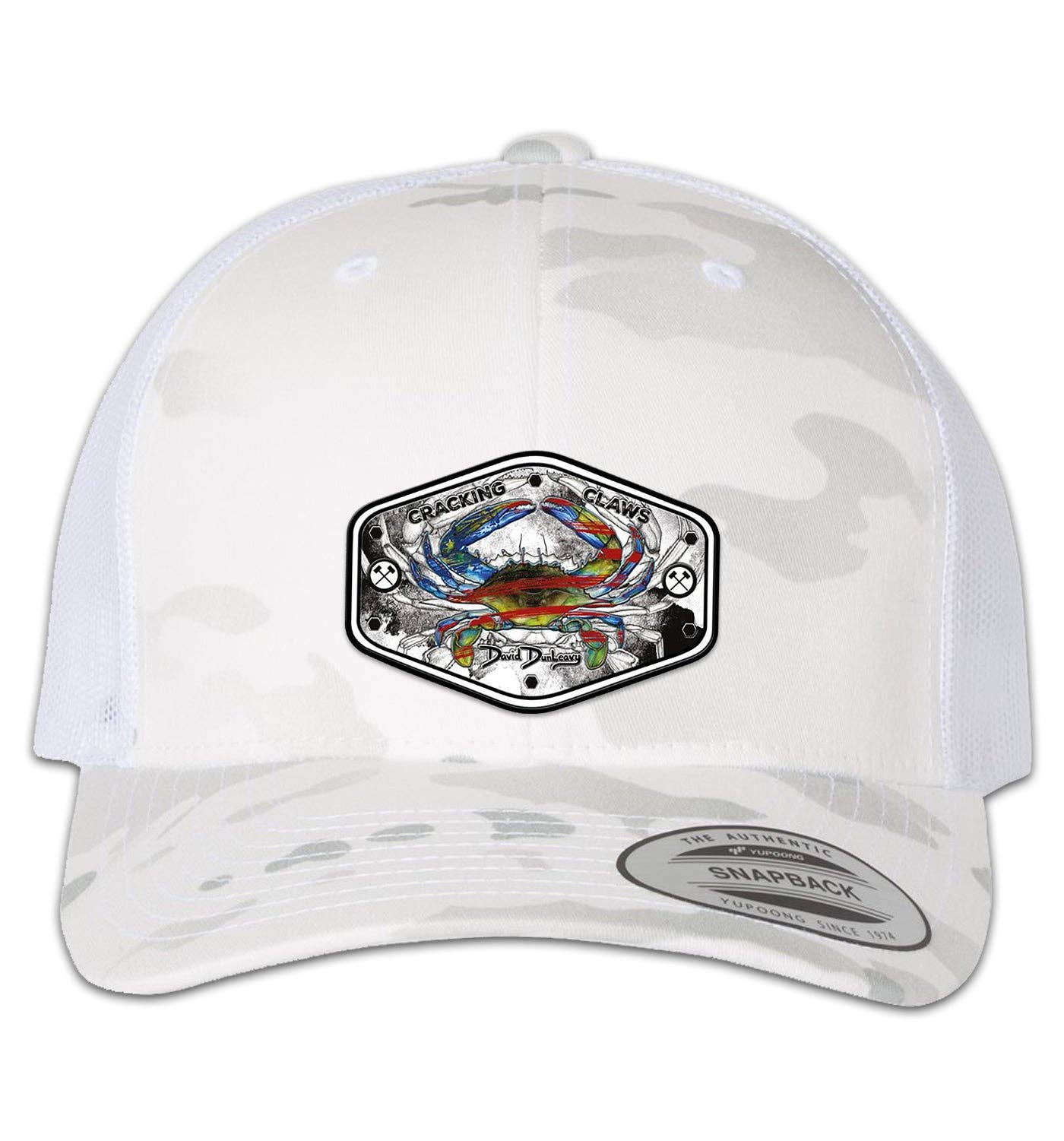 American Blue Crab 6 Panel Trucker Snap Back Mulitcam Alpine White Hat