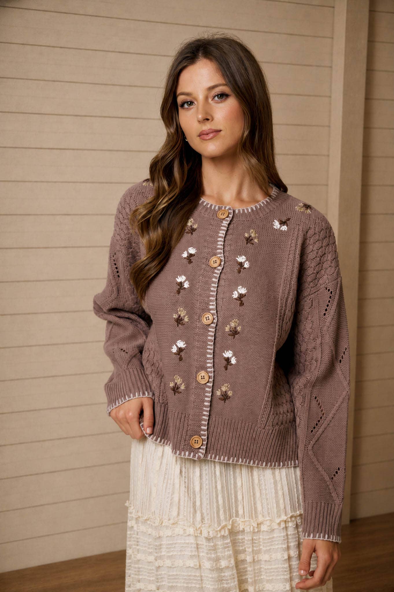 Floral Embroidery Contrast Stitch Knit Cardigan