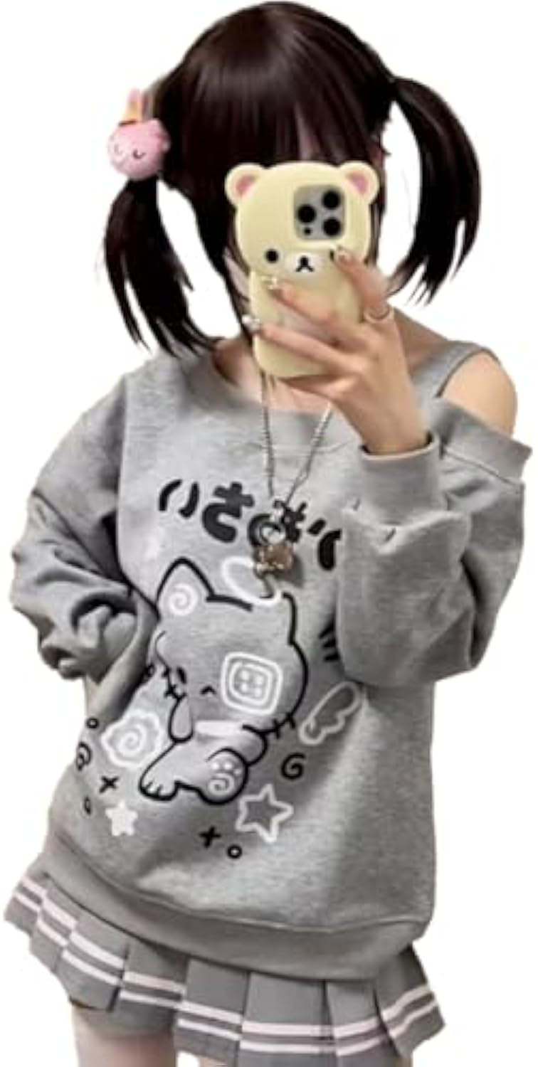 Y2K Off Shoulder Kawaii Cute Graphic Sweatshirt Casual Long Sleeves Hrajuku Tops Cat Print Pullover Sweatshirts