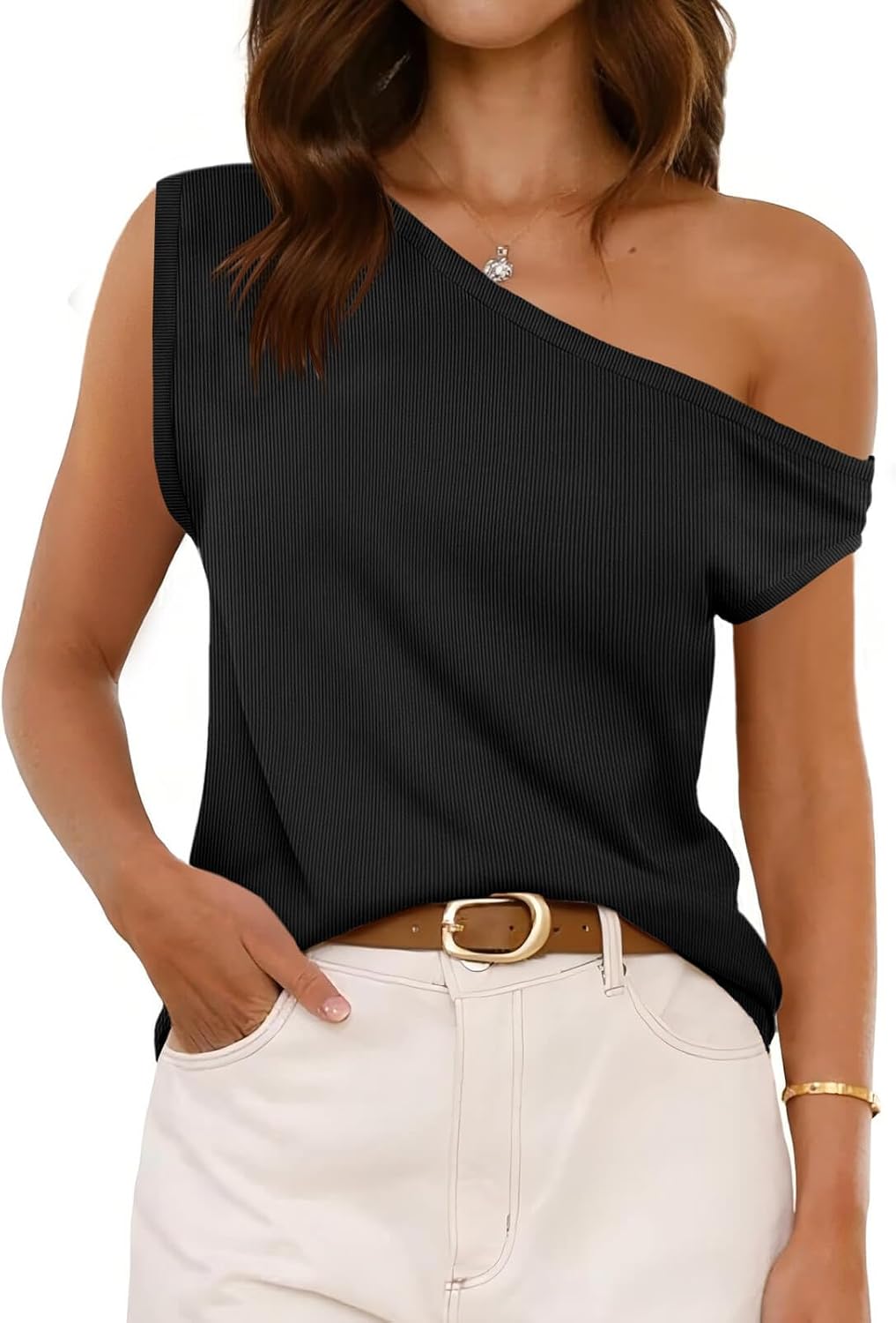 Womens Off One Shoulder Tops Summer Ribbed Knit Tank Tops Trendy Casual Loose Fit Sleeveless Tee Shirts
