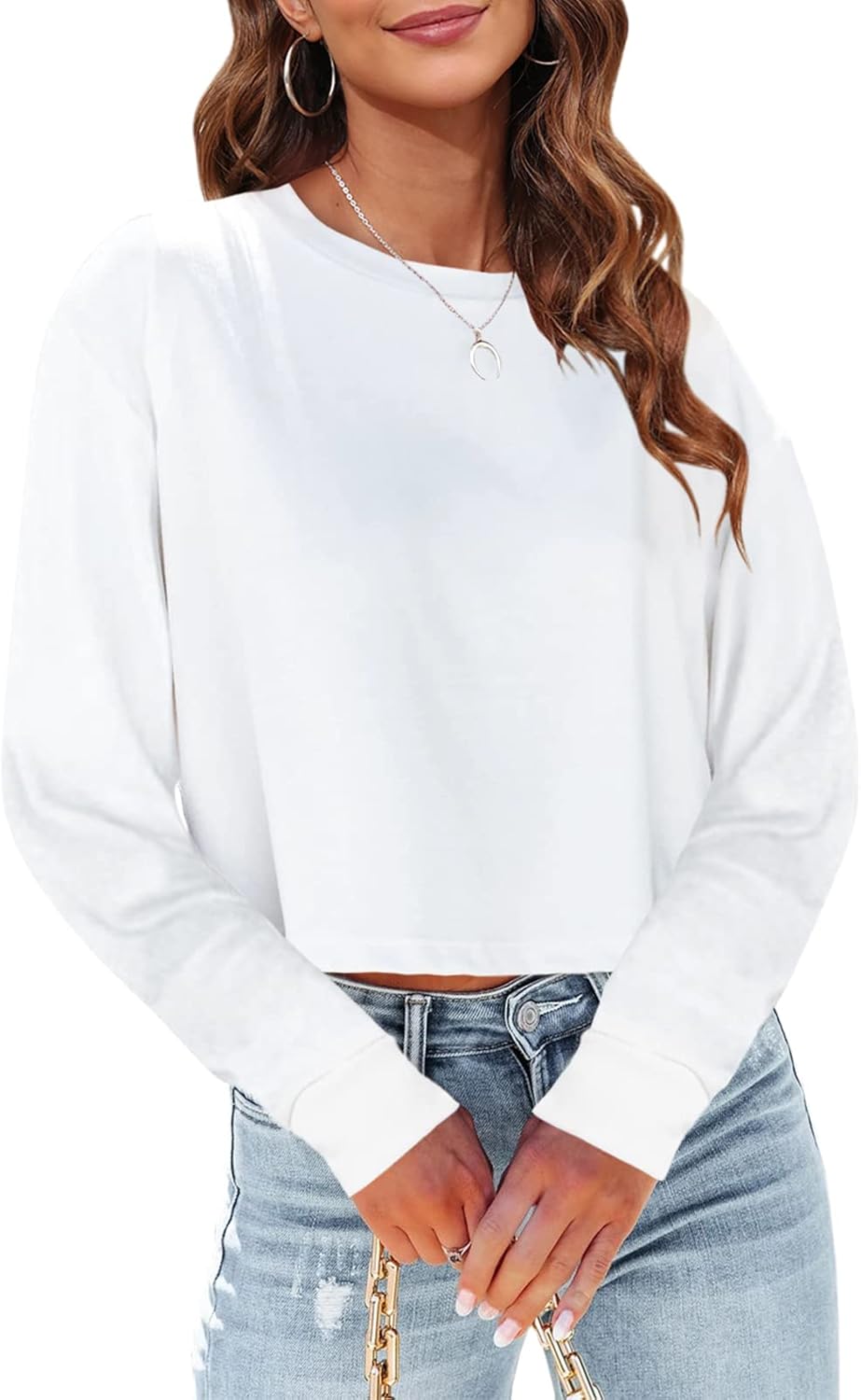 Womens Long Sleeve Crop Tops Loose Fit Fall Cropped Tshirt 2026 Crew Neck Casual Shirts