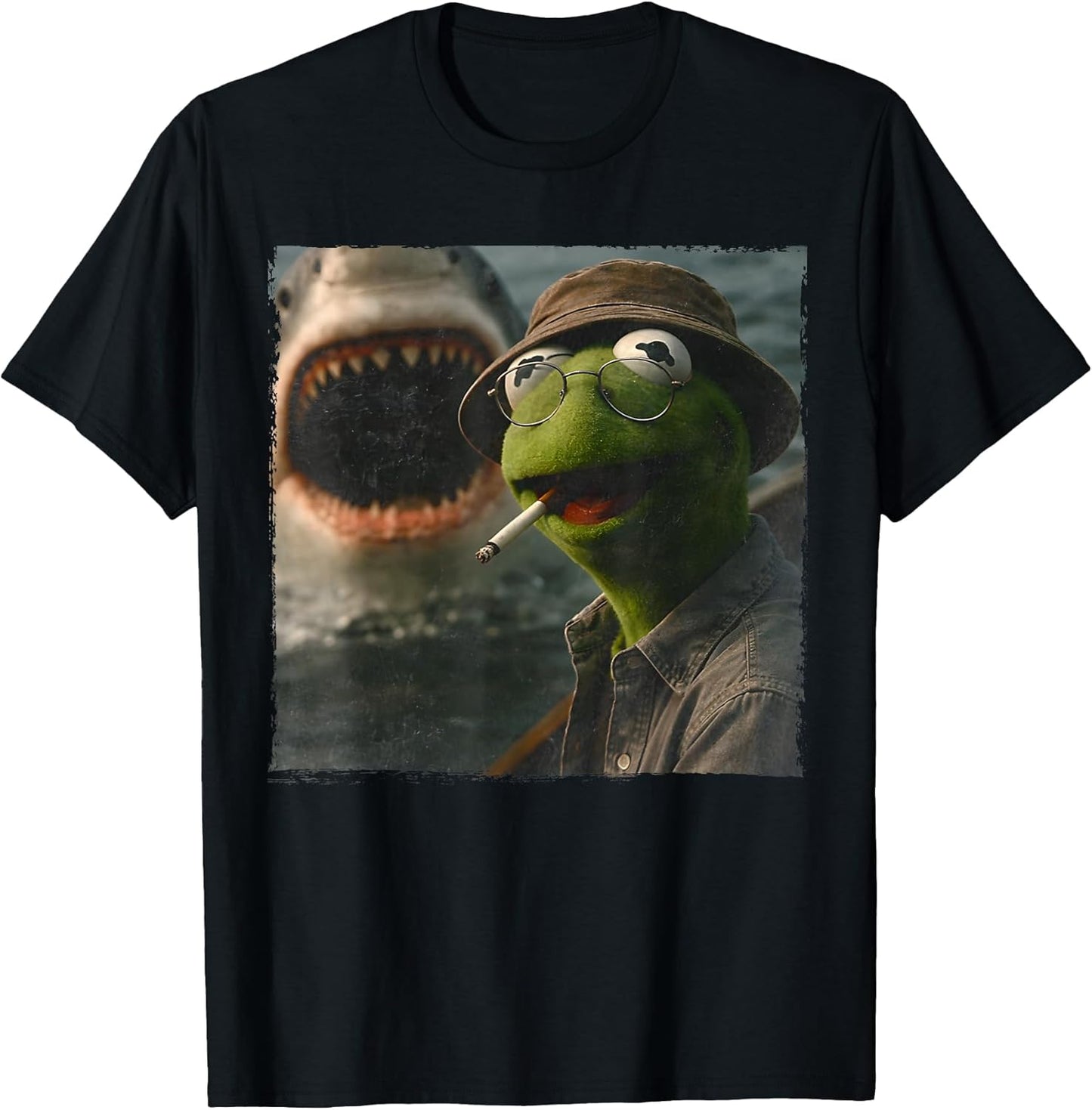 Funny Smoking Frog Meme Vintage Shark Attack Parody Tee T-Shirt
