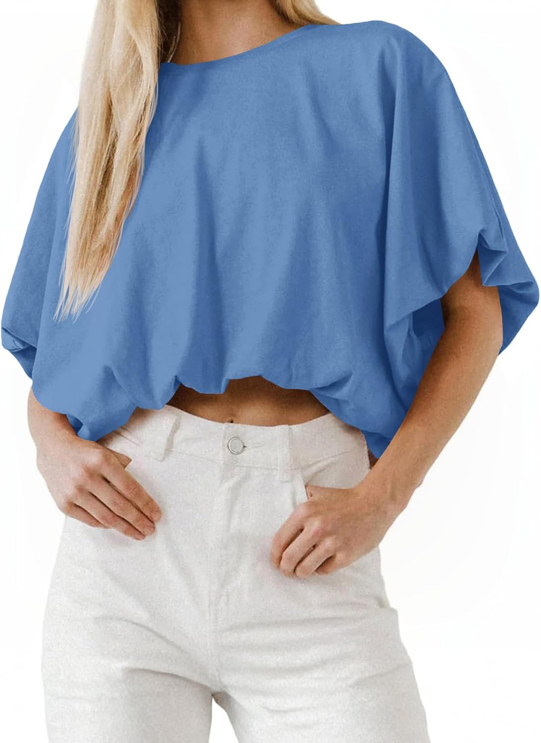 Womens Summer Crewneck Crop Tops Short Sleeve Casual Loose Cropped T Shirts