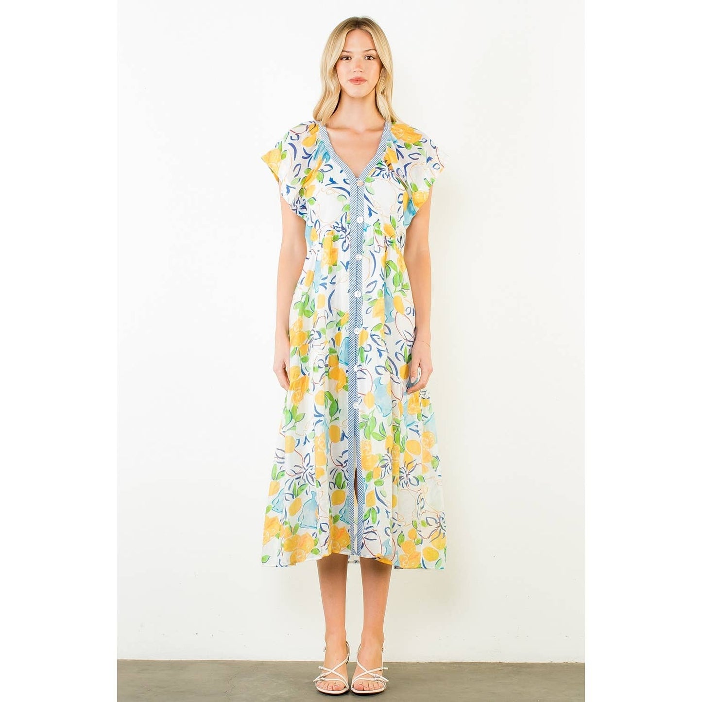 Short Sleeve Lemon Detail V-Neck Dress