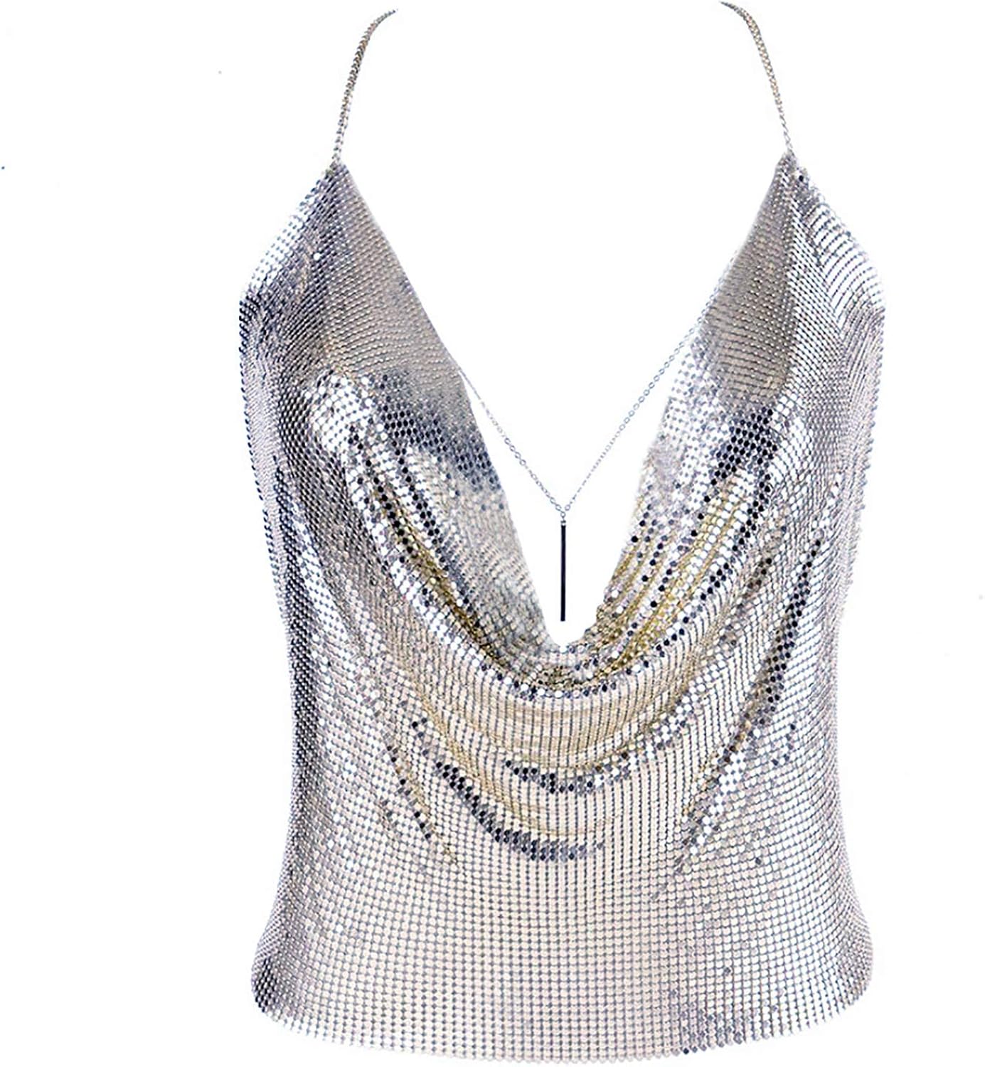 Gold Sexy Tops for Women Sparkly Deep V Neck Crop Tank Tops Cami Body Chain Top