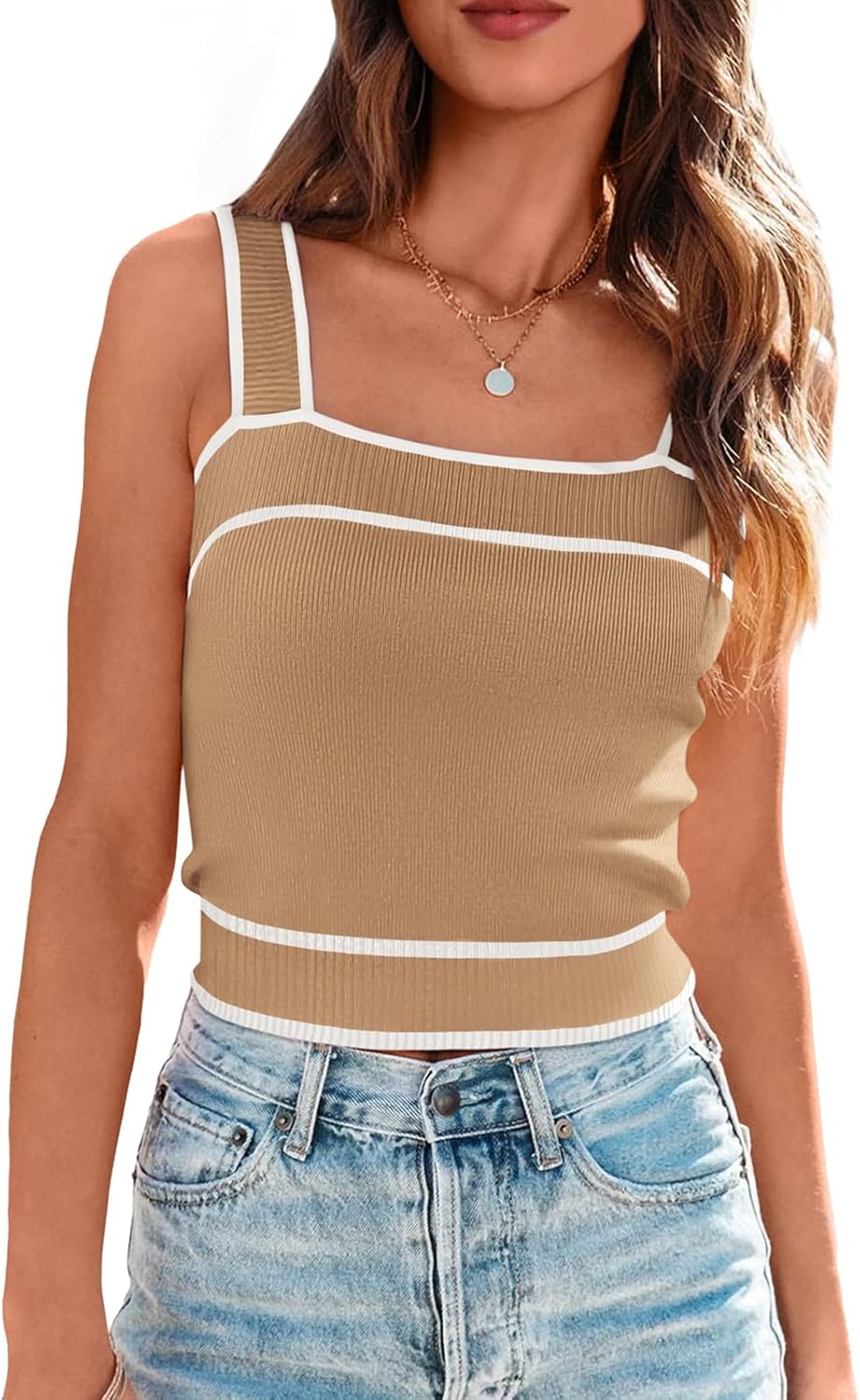 Women's Trendy Summer Square Neck Crop Tank Tops 2026 Casual Color Block Knit Sleeveless Slim Fit Y2k Cami Shirts