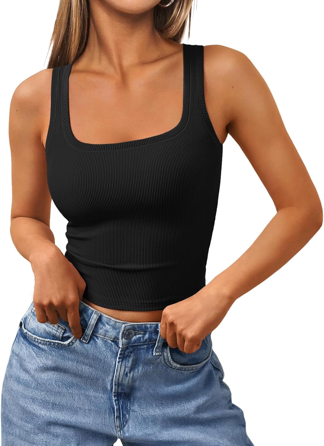 Women's Summer Square Neck Tank Tops Workout Cropped Ribbed Summer Camisole Sleeveless Clothes 2026