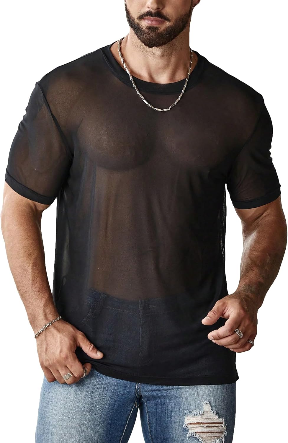 Men's Sheer Mesh Short Sleeve Round Neck T Shirts Solid Plain See Through Party Tops