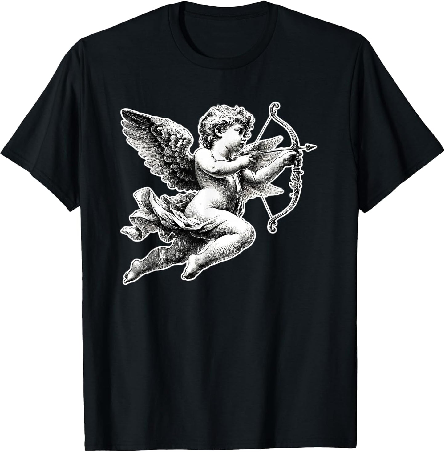 Cupid Angel Cherub Blackwork T-Shirt - Women's Classic Fit V-Neck Short Sleeve - Black - Small