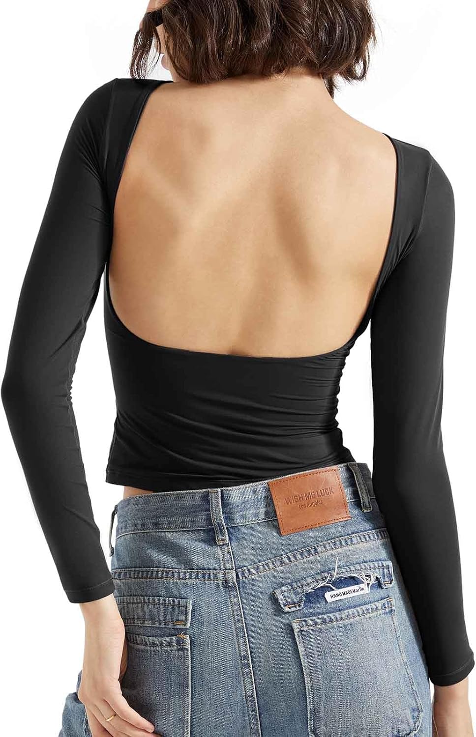 Women Backless Going Out Tops Double Lined Open Back Basic Long Sleeve