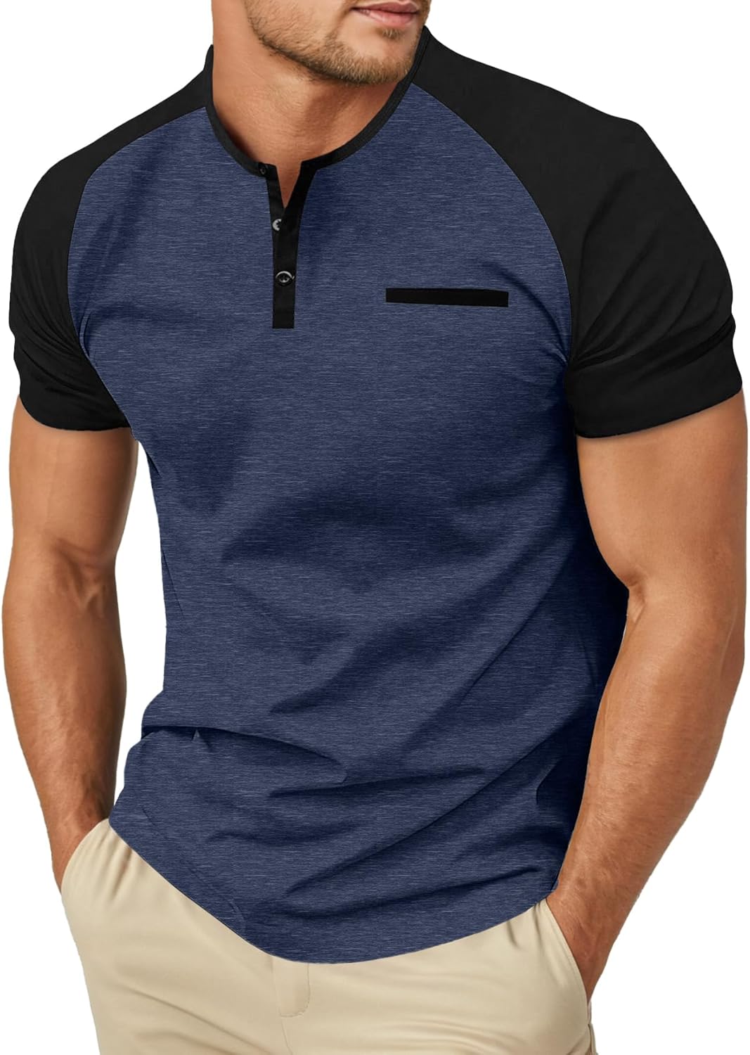 Men's Cotton Henley Short Sleeve Casual T-Shirts with Pocket