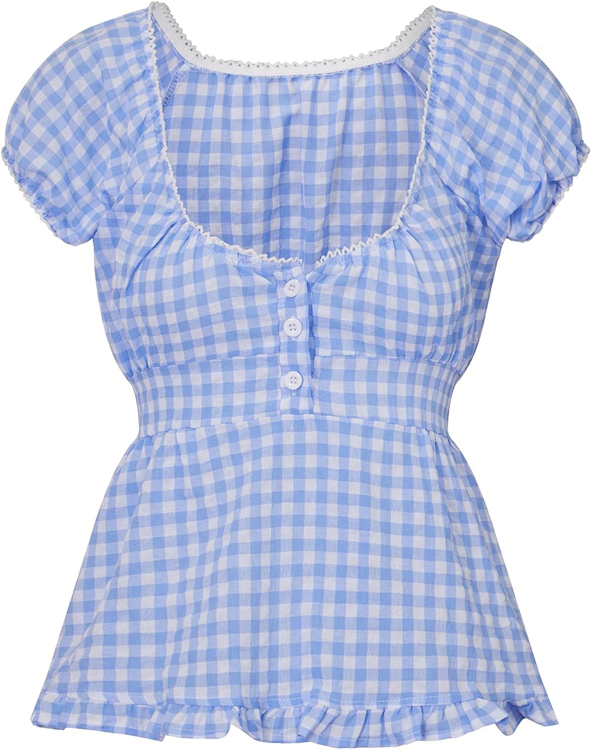 Women Y2k Cap Sleeve Shirt Lace Trim Fairy Plaid Tees Cute Ruffled Babydoll Crop Top Vintage Aesthetic Clothes