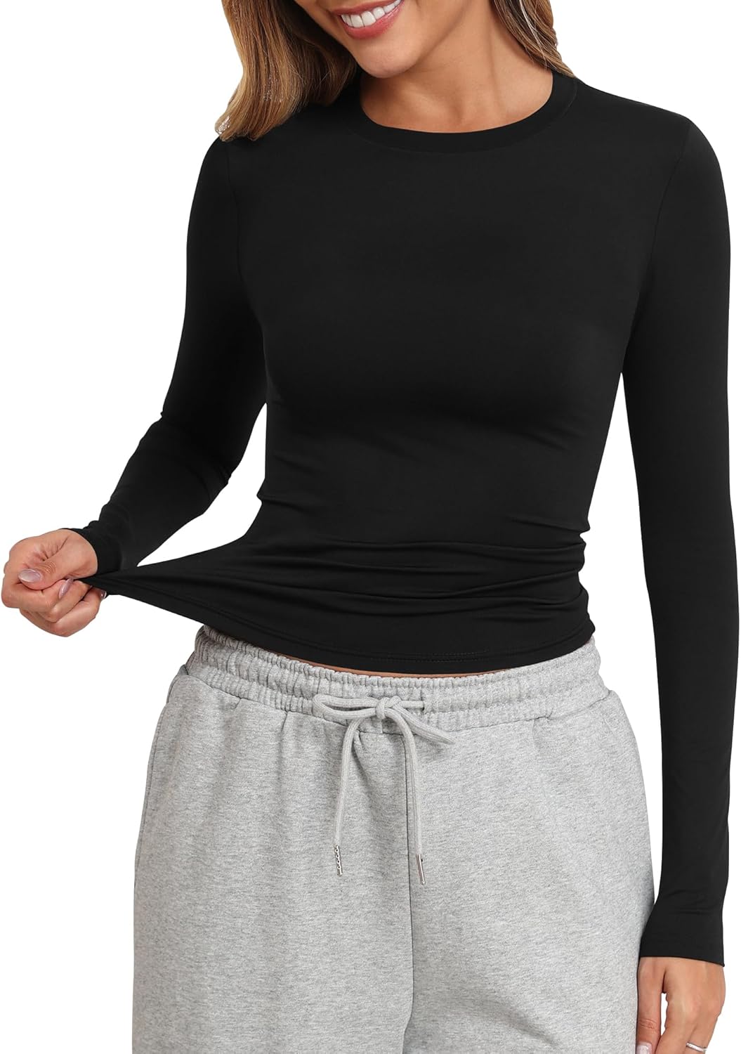 Fitted Long Sleeve Shirts for Women Crew Neck Basic Stretchy T-Shirts Casual Layering Tee Shirt Crop Tops