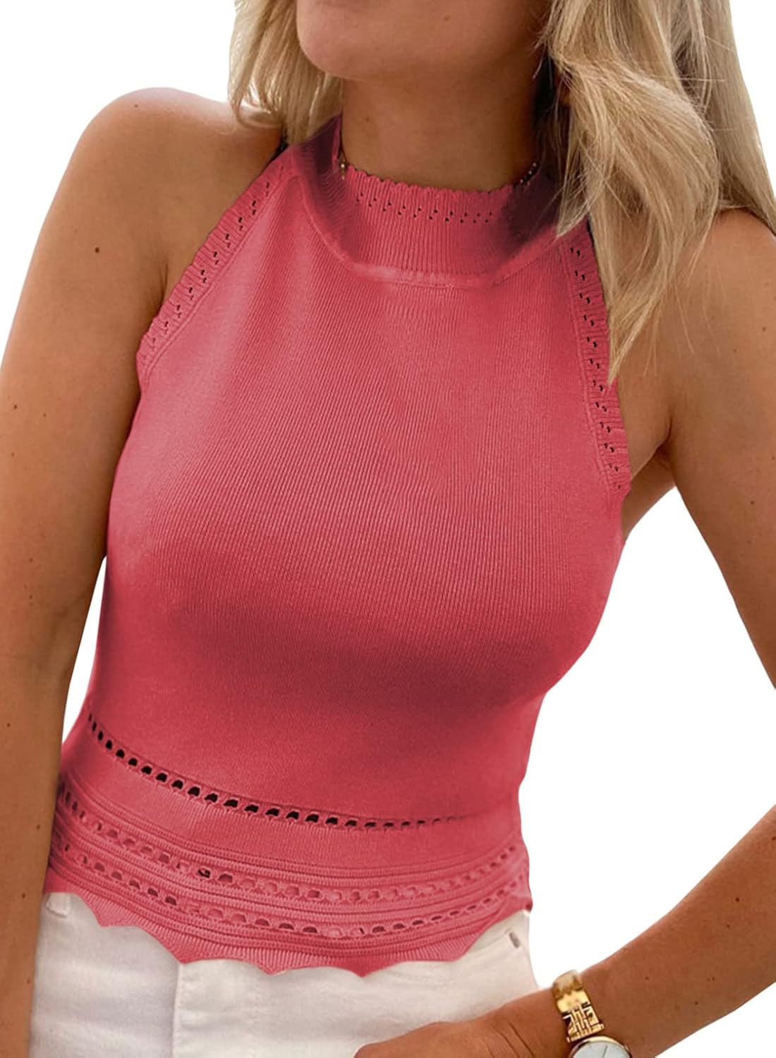 Womens Tank Tops Summer Ribbed Knit Racerback High Neck Halter Crop Tops Blouses Sleeveless Slim Basic Cami Shirts