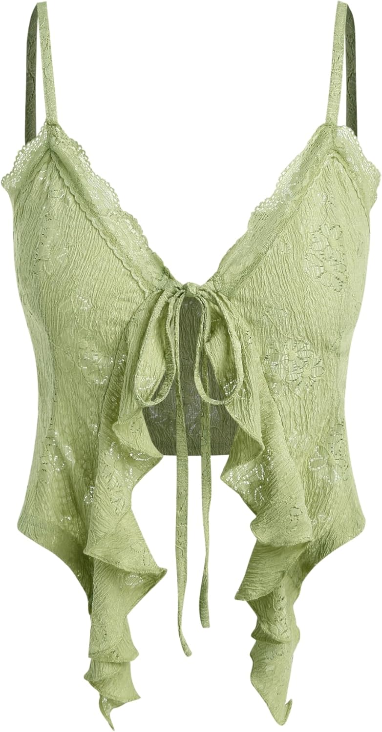 Going Out Tops for Women Y2K Tie Front Asymmetrical Ruffle Hem Lace Spaghetti Strap Cowgirl Crop Tops