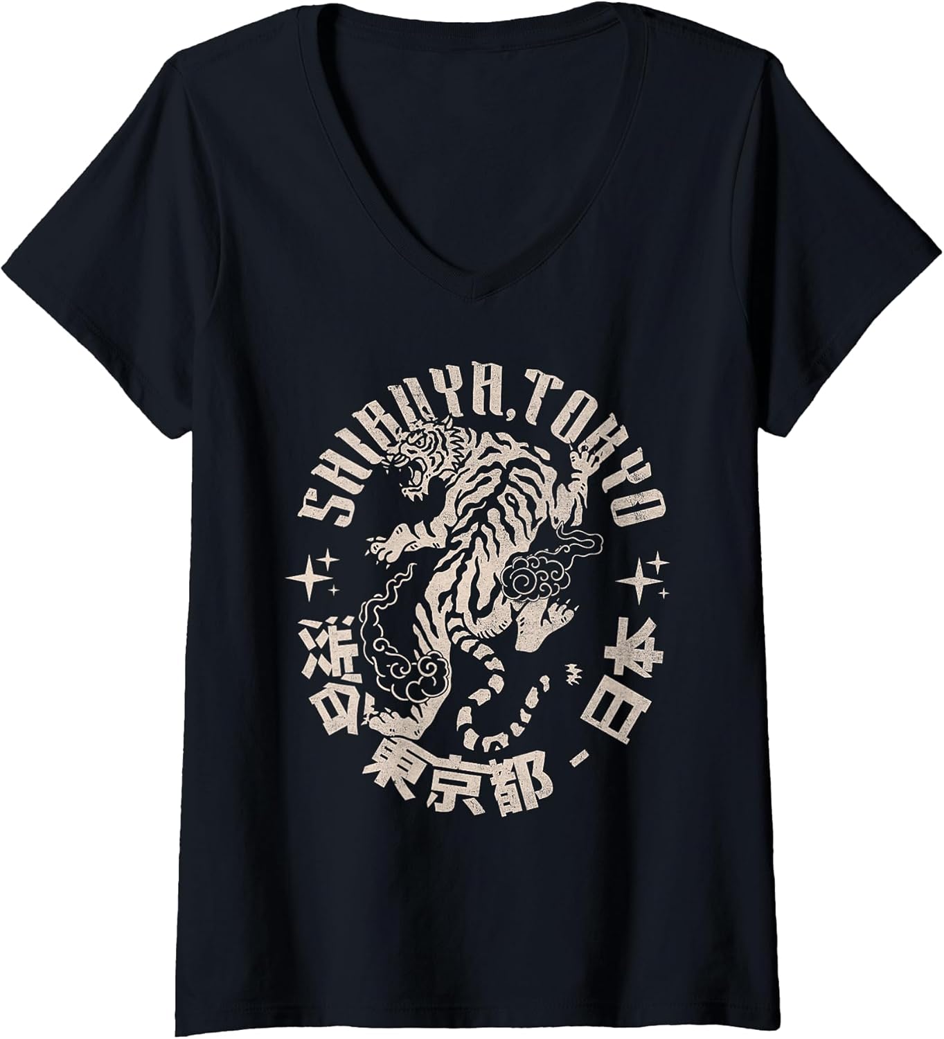 Womens Shibuya Tokyo Tiger – Vintage Japanese Streetwear Tiger V-Neck T-Shirt
