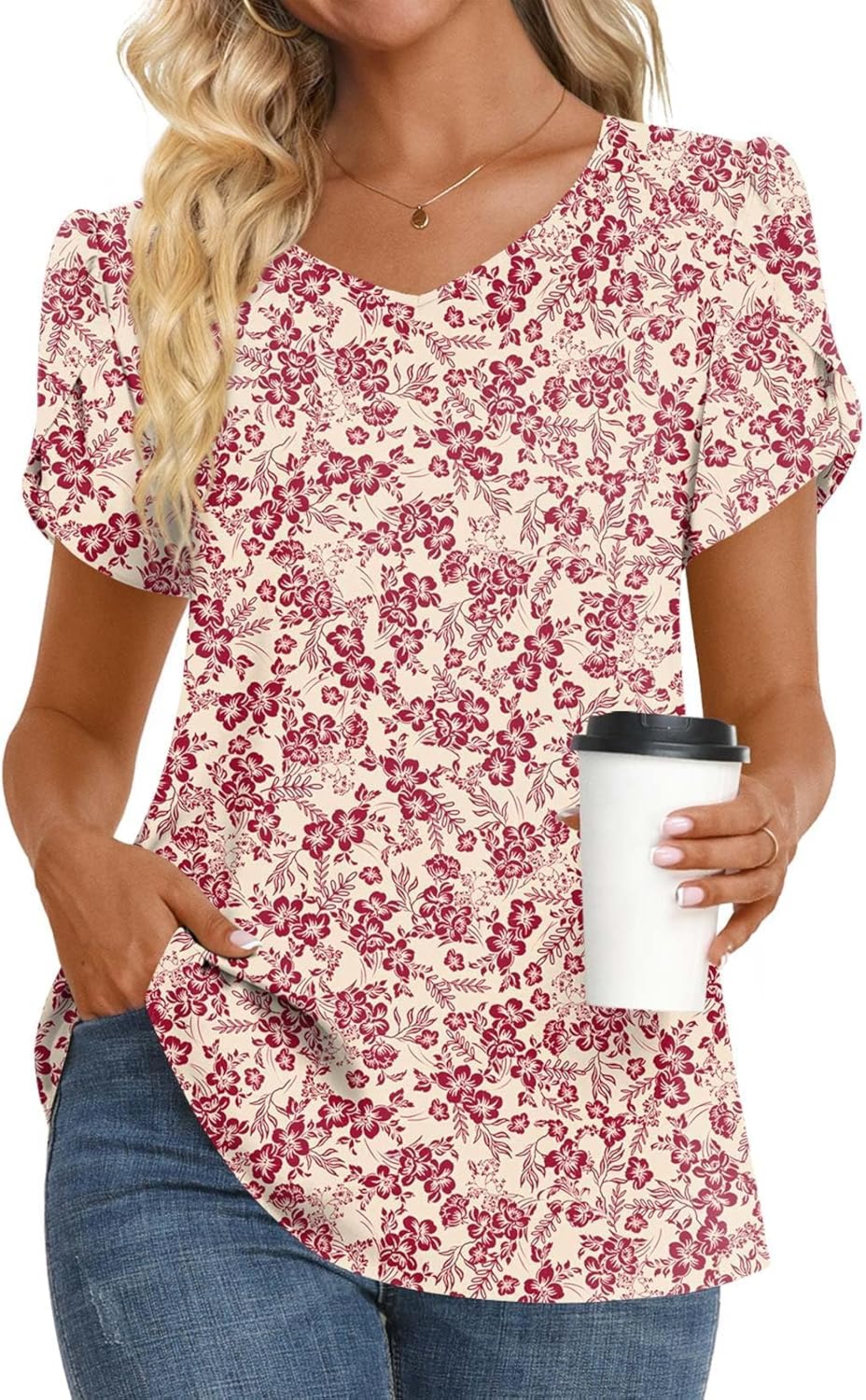 Womens Tunic Tops 2026 Summer Short Sleeve V Neck Chiffon T Shirt M-3XL