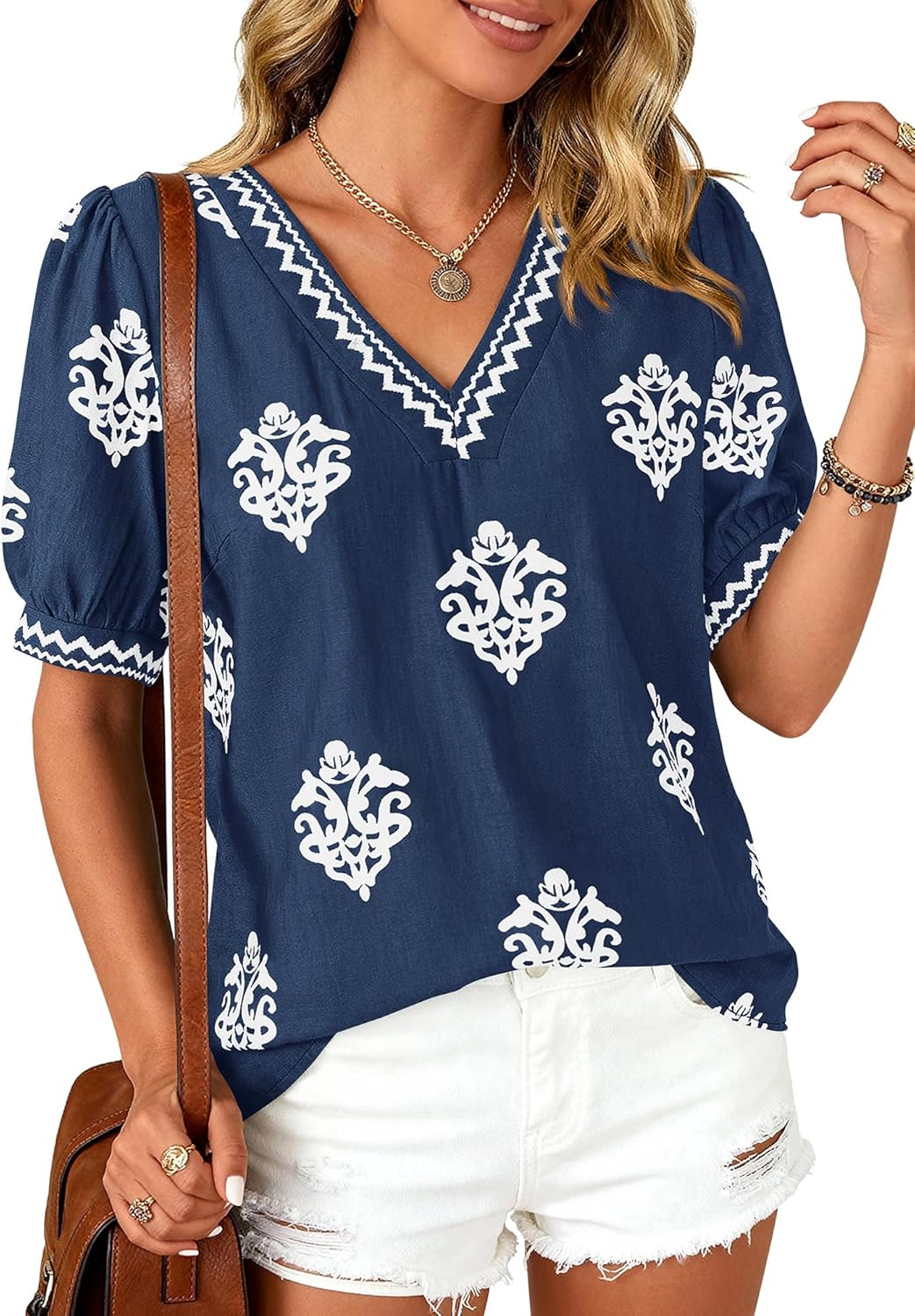 Casual Summer Shirts for Women Beach Fashion Going Out Tops Vacation Short Sleeve Floral Boho Blouses Tunics(Blue White Flower,Medium)