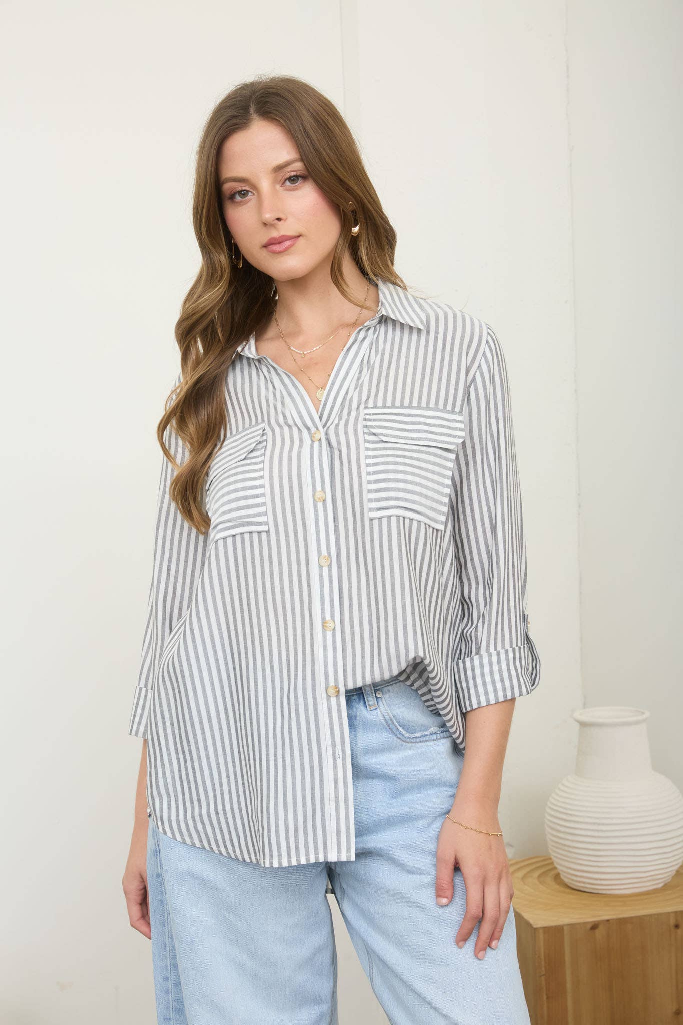 Stripe Collared Button Down Lightweight Shirt
