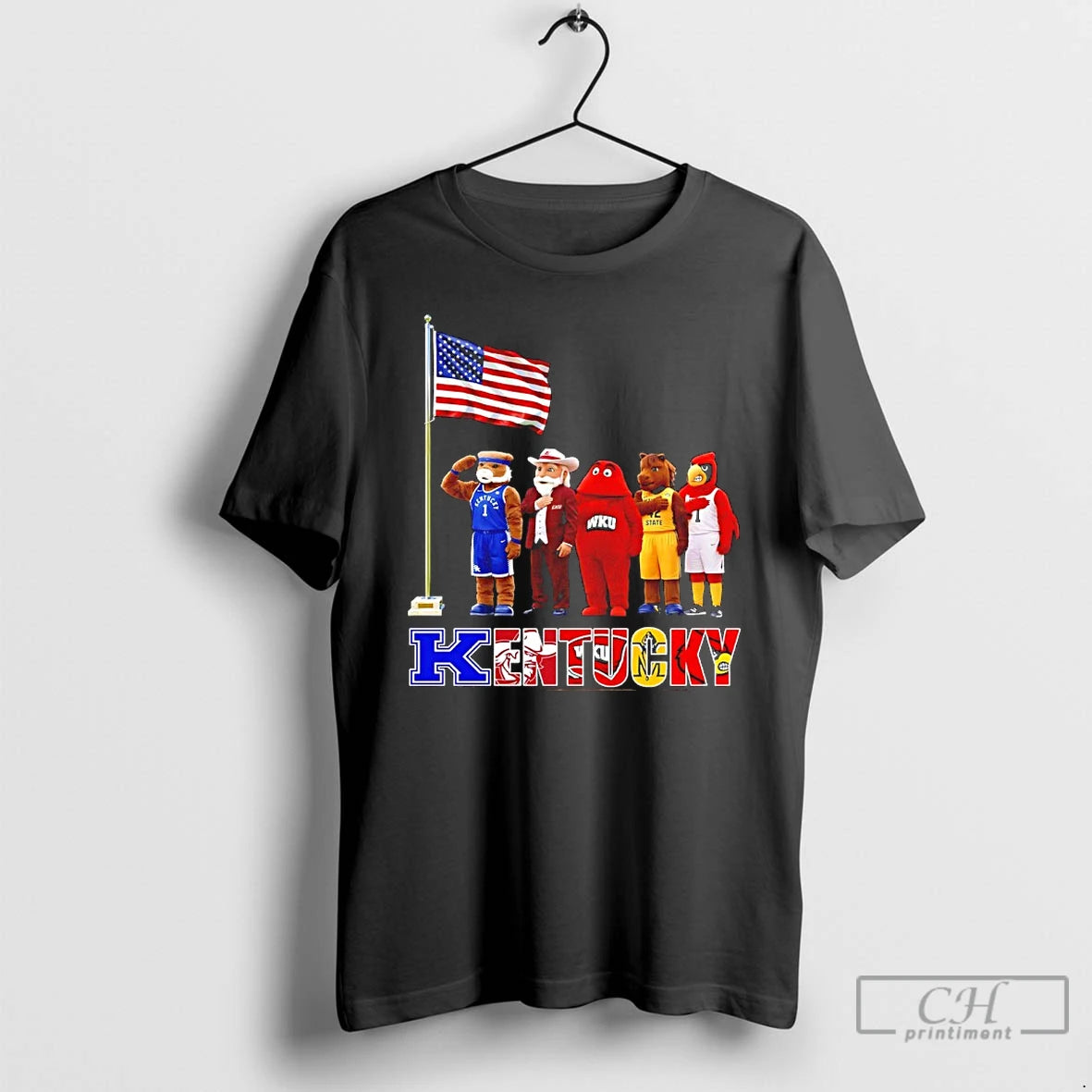 Classic Kentucky City Sports Mascot Front Of An American Flag