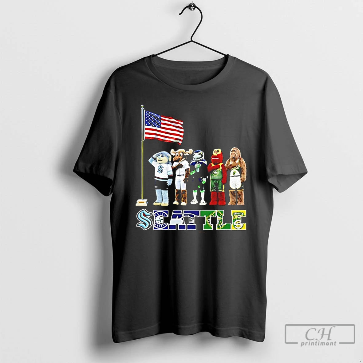Classic Seattle City Sports Mascot Front Of An American Flag