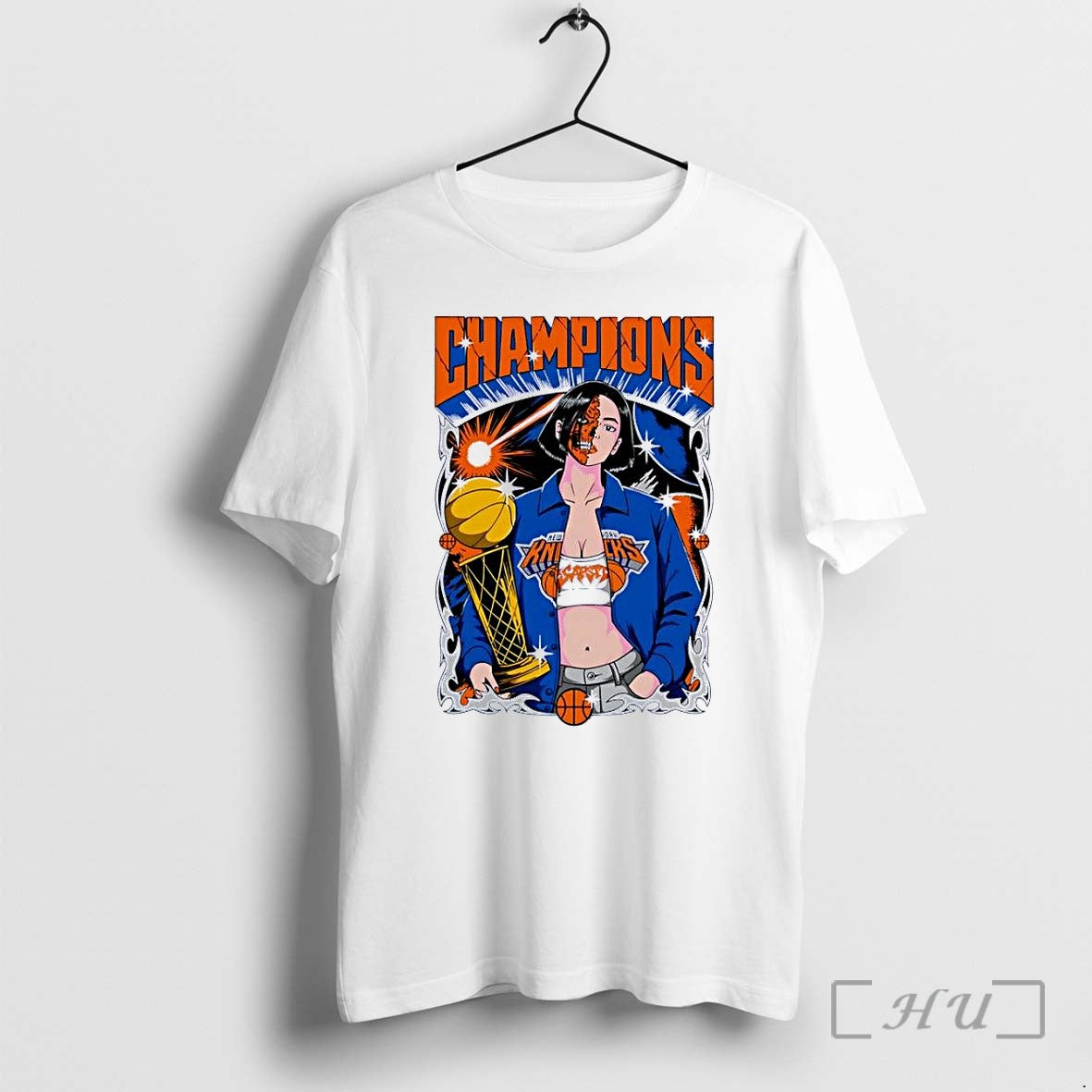 Officials Girl Holding Basketball Trophy New York Knicks Champions White