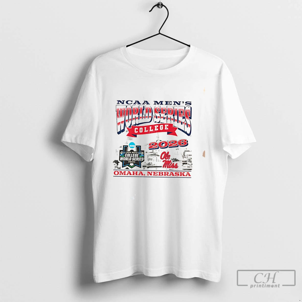 Premium Ole Miss Baseball 2026 Mens College World Series Skyline Tee