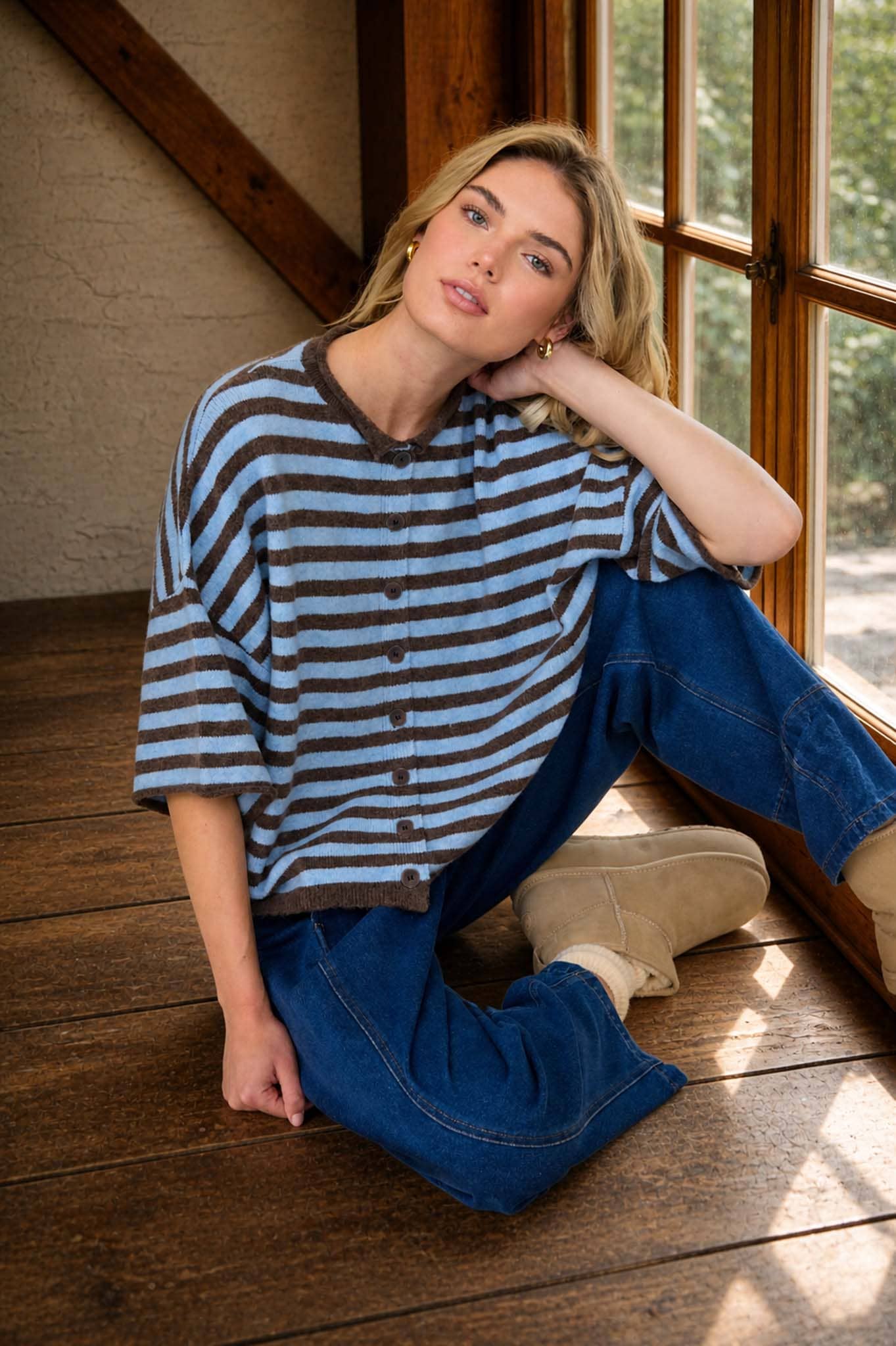 Stripe Raw Edge Short Sleeve Button Down Cardigan