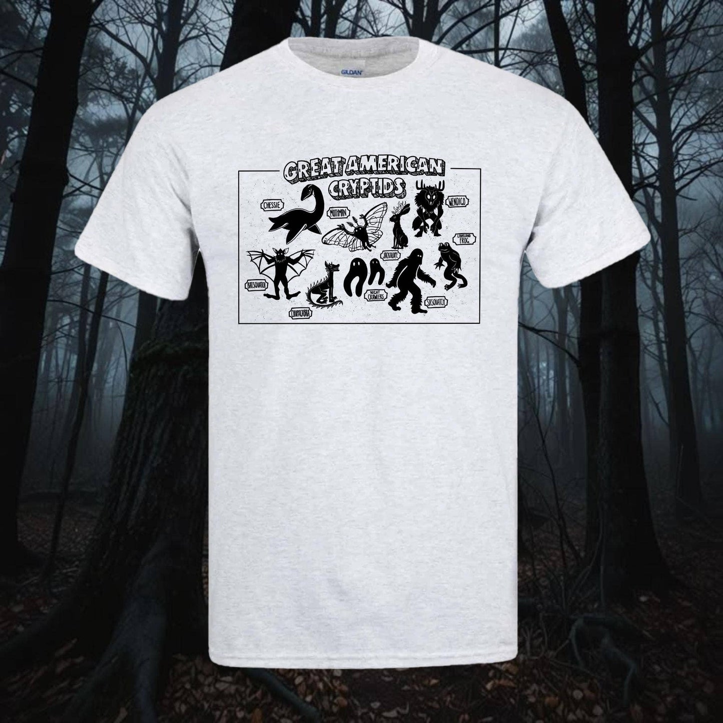 American Cryptids T-Shirt, Sasquatch, Mothman, Gildan