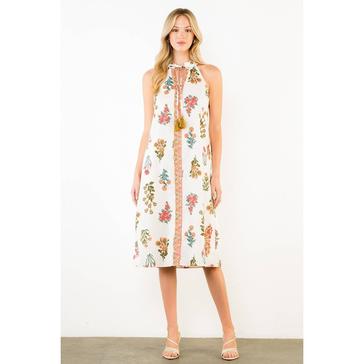 Floral Halter Tassel Tie Neck Dress