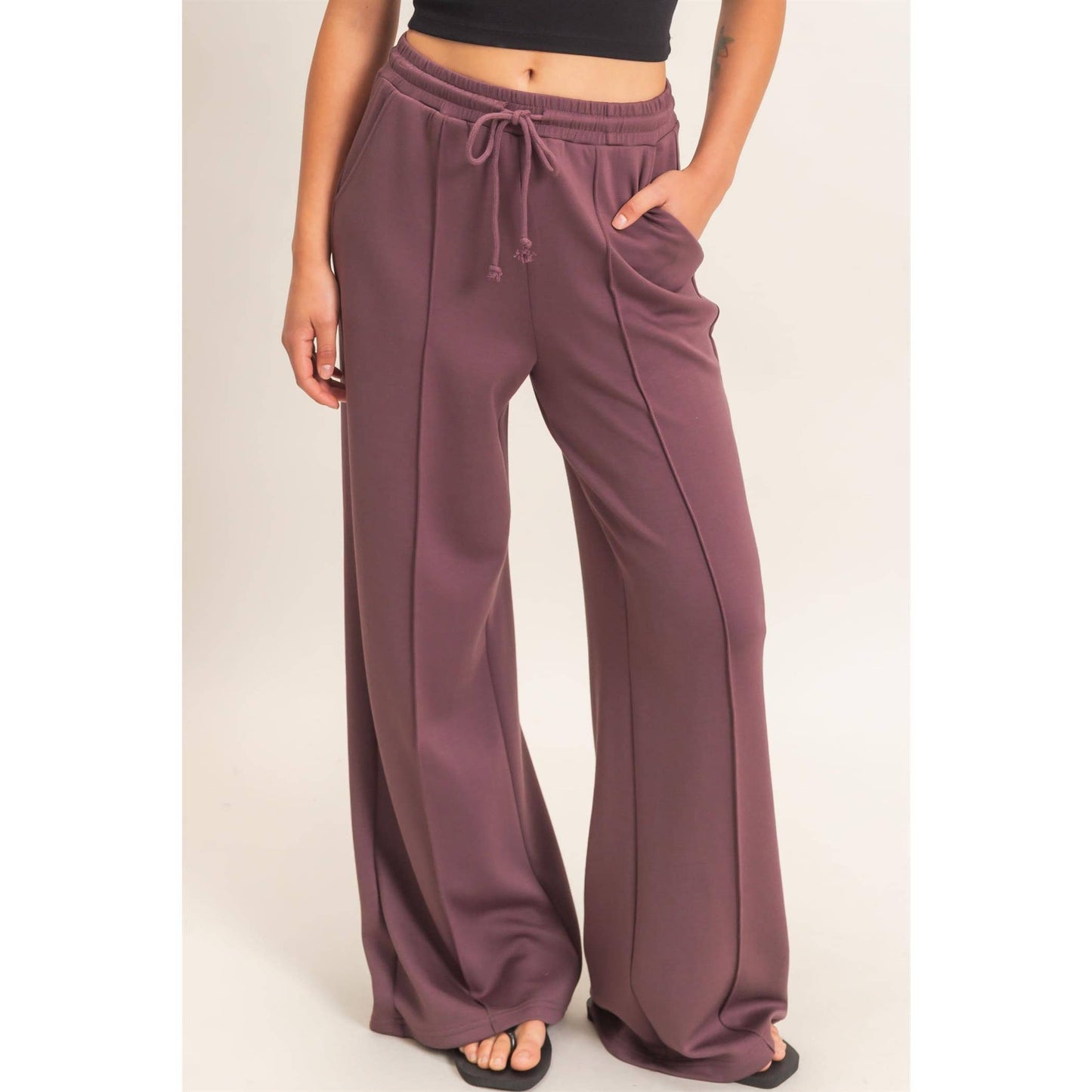 Drawstring Waist Pintuck Wide Leg Pants