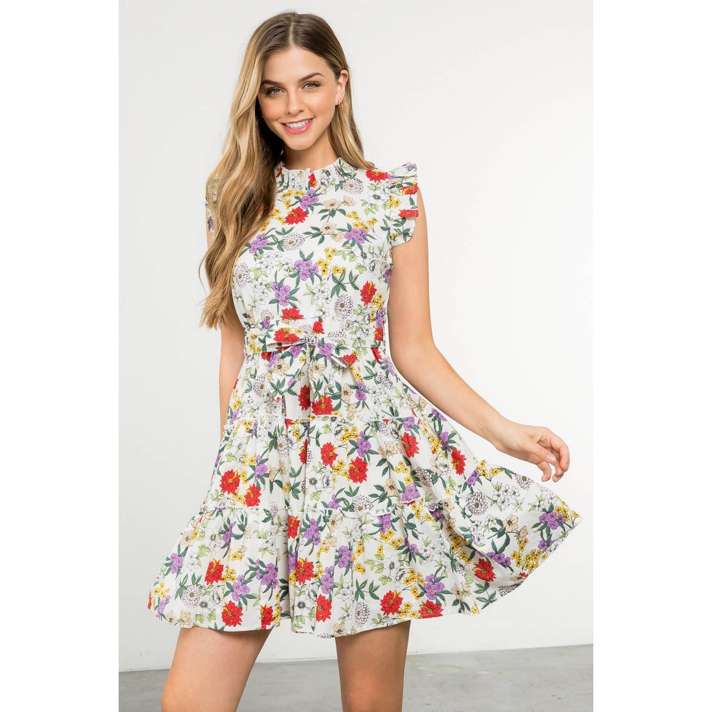 Flower Print Belt Tie Dress