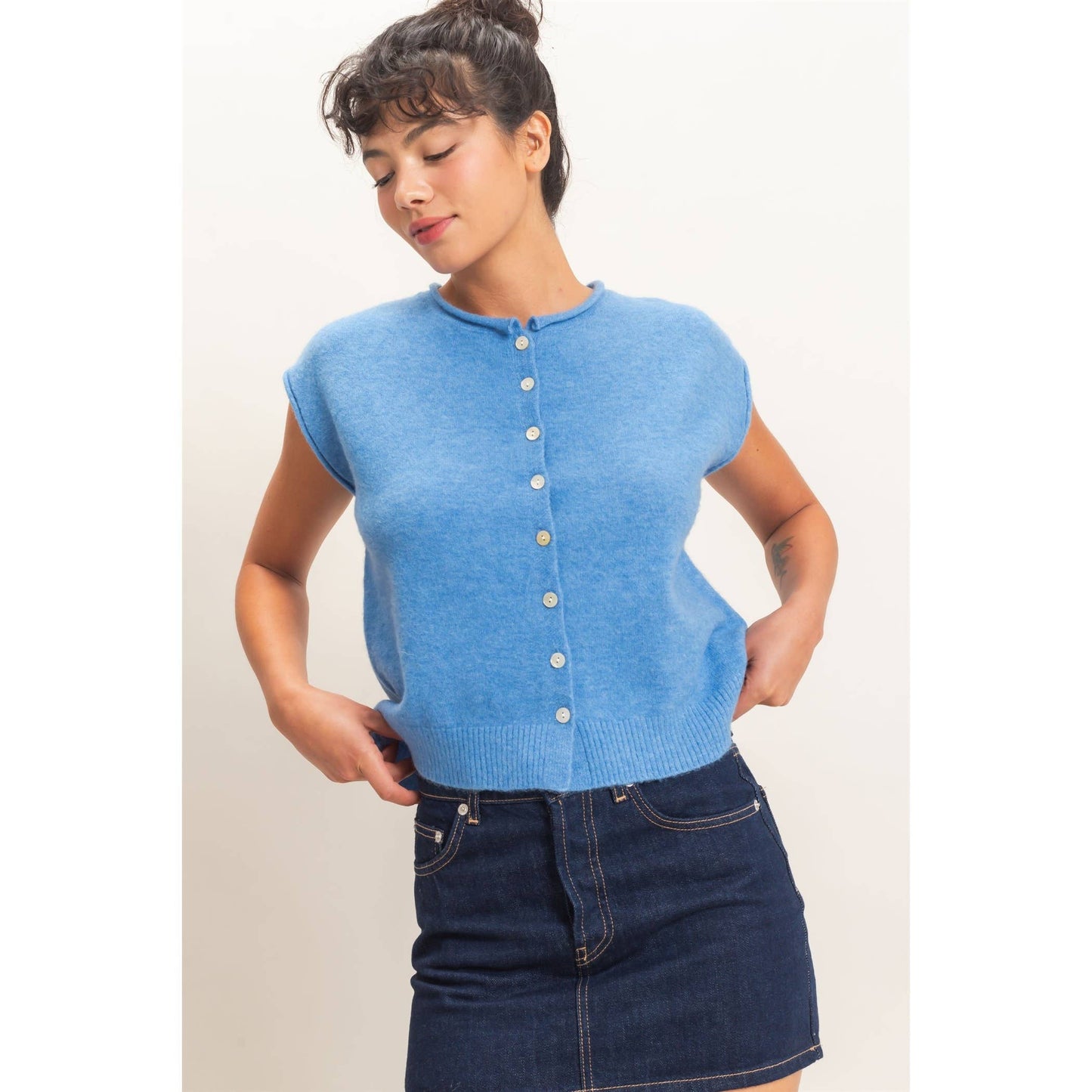 Rolled Edge Button Front Sweater Vest
