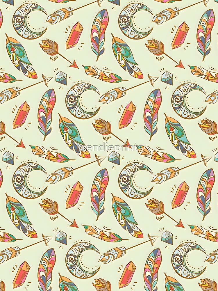 Boho Hippie – Spiritual Bohemian, Crystal Gems, Mystic Arrow & Crescent Moon Art, Vintage, Boho Design, Hippie Vibes by trendieprints