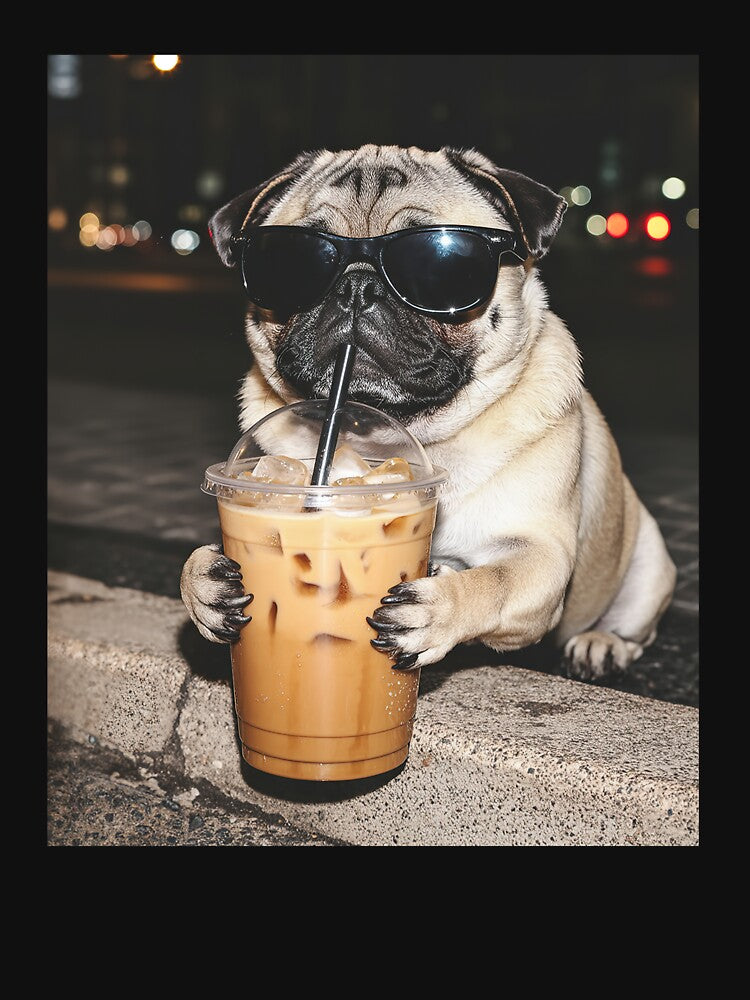 Funny Pug Dog Drinking Iced Coffee by Hedoraxe