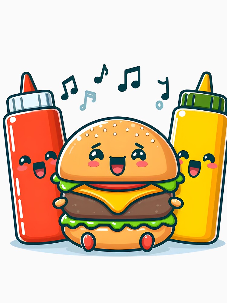 Kawaii Burger Singing With Ketchup And Mustard Bottles by CanvasCutie