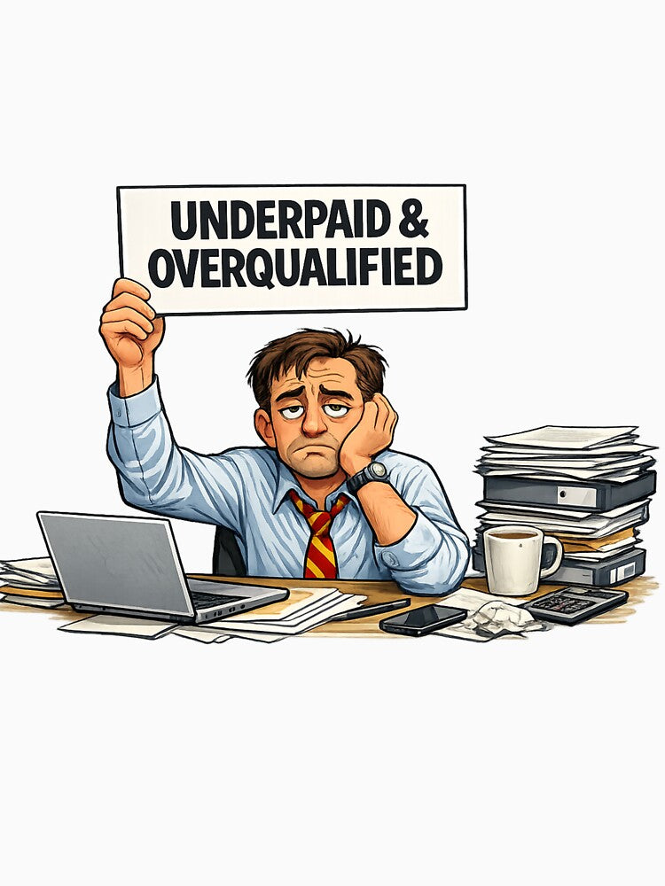 Underpaid & Overqualified Shirt – Funny Corporate Office Humor Tee by GaliciaCity