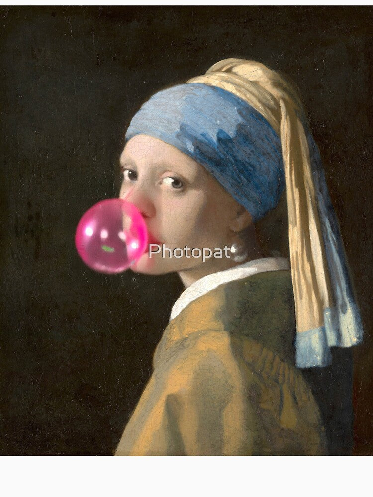 Girl with pearl earring blowing a pink balloon by Photopat
