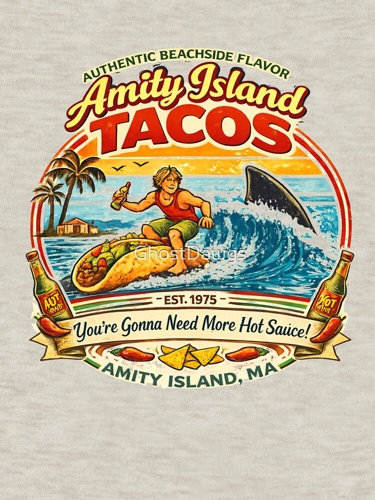 Amity Island Tacos Vintage Surf Taco Shirt Funny Shark Movie Parody Retro Beach Food design. by GhostDawgs