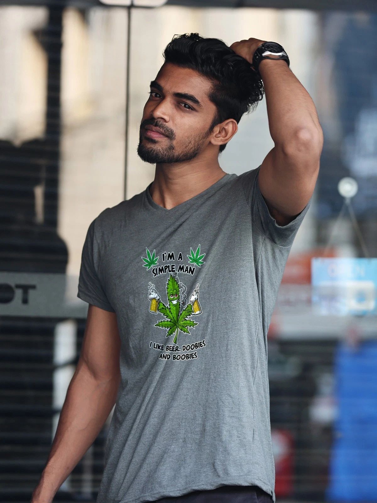 Gray Simple Man Beer Doobies Boobies 420 Weed Mens T Shirt Gildan LARGE