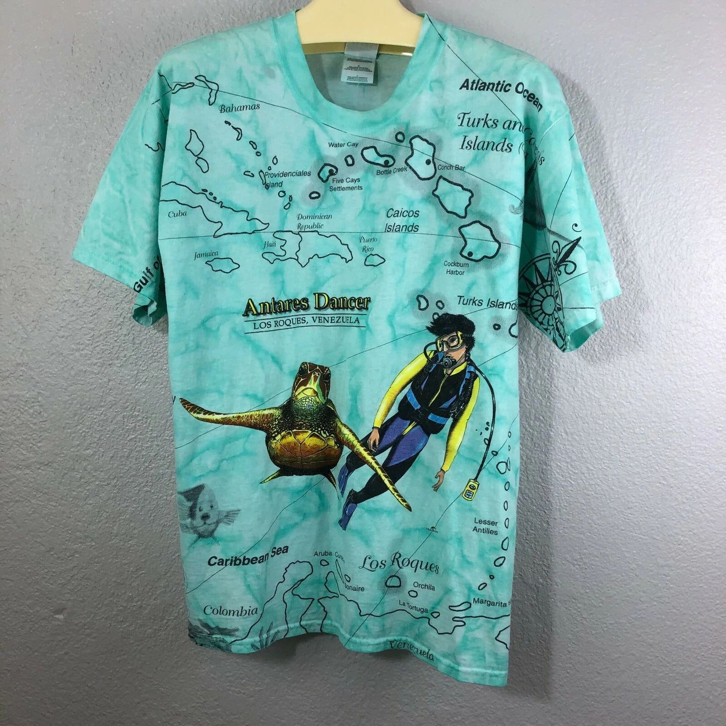 Men's Vintage Tie Dye Snorkel Travel Heavyweight T Shirt Crew Pacific L B002