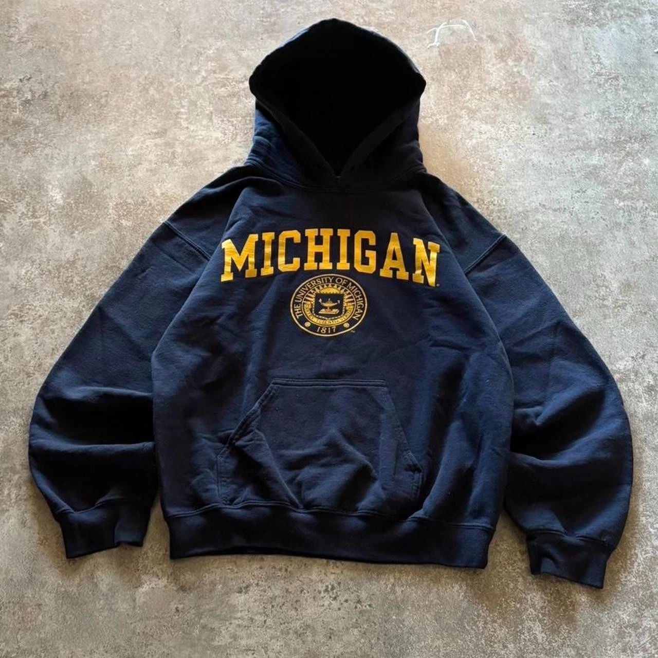 University of Michigan Spell Out Navy Hoodie Wolverines Sweatshirt