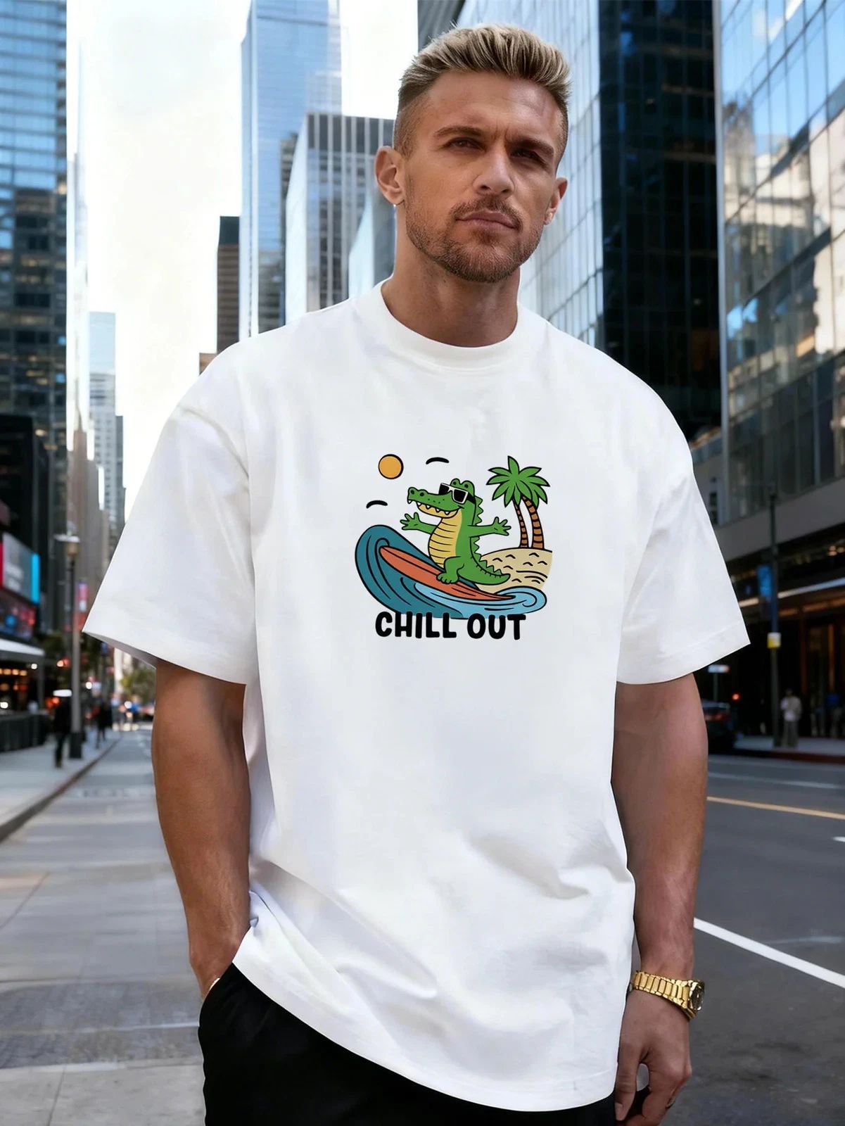 Surfing Alligator Graphic 100% Cotton Men's T-Shirt for Daily Casual Wear