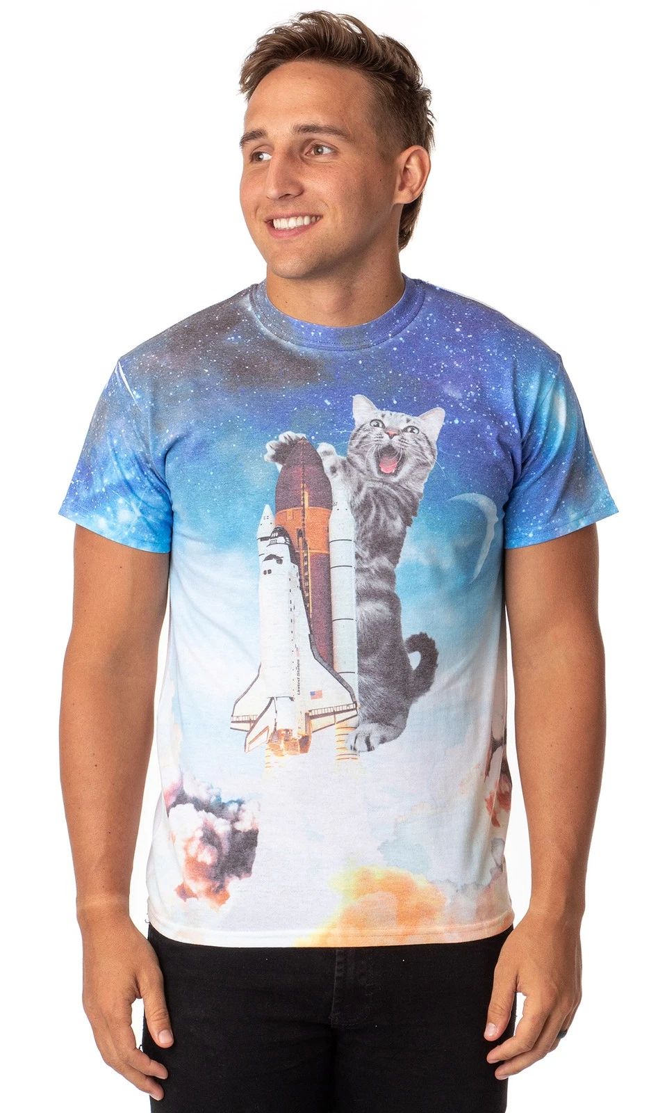 Space Kitty Mens' Catstronaut Space Shuttle Blast Off Sublimated T-Shirt Adult