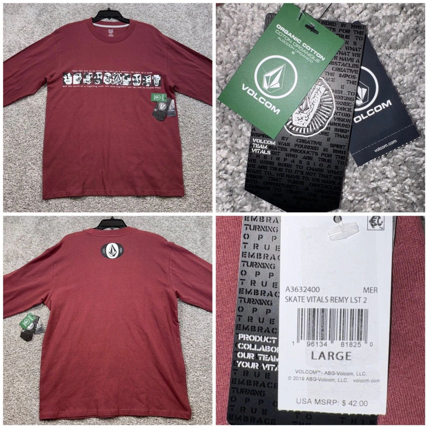 Volcom Skate Vitals Remy Long Sleeve T-Shirt Mens Graphic Maroon Size Large NEW