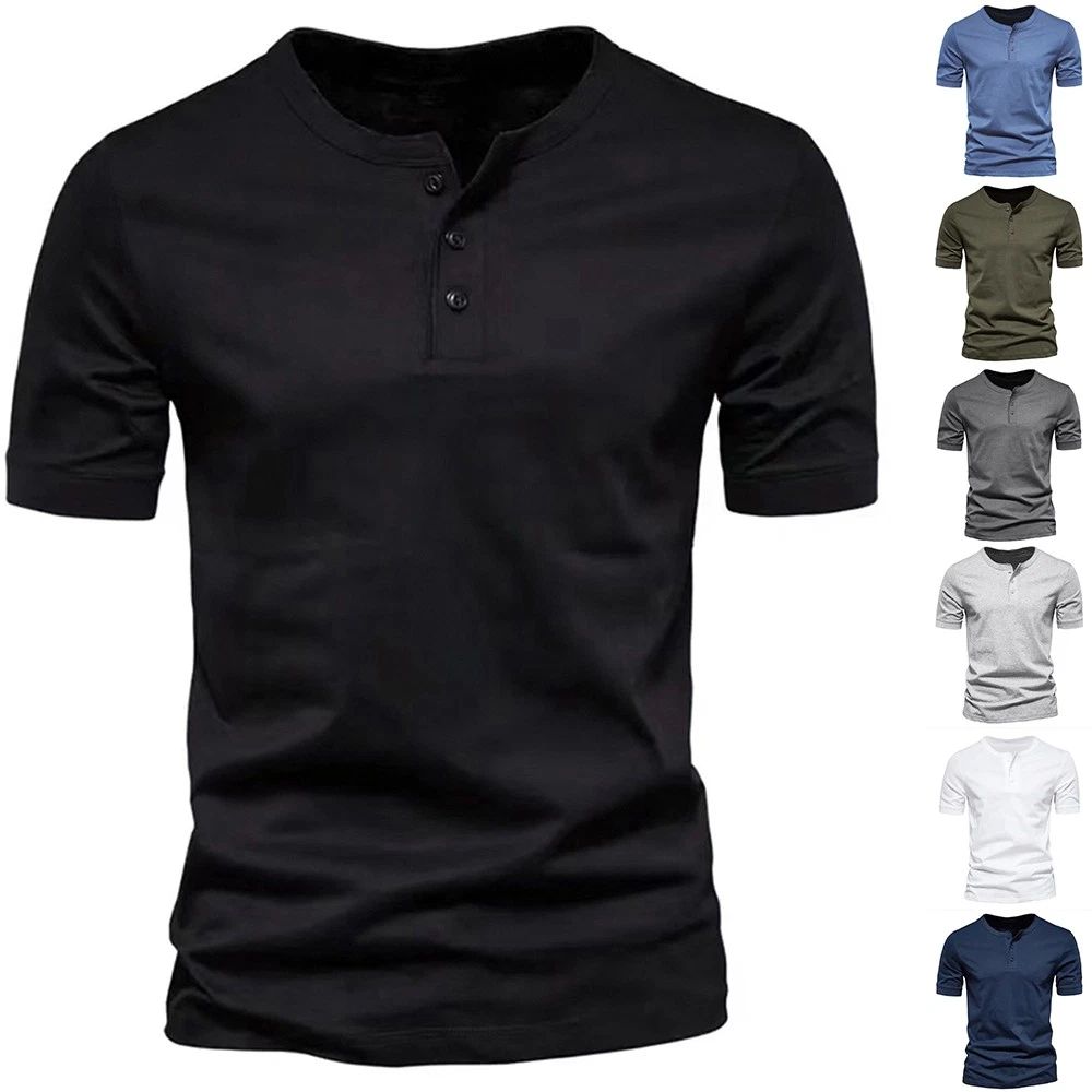 Mens Henley Grandad Solid T Shirts Summer Short Sleeve Casual Tee Shirt Tops