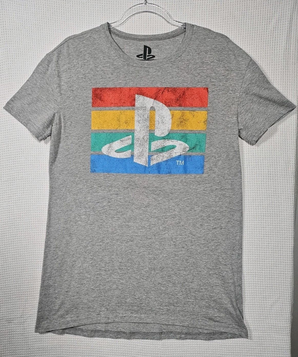Playstation T Shirt Small/Med Gray Men/Women PS Logo Red Yellow Blue Green Tee