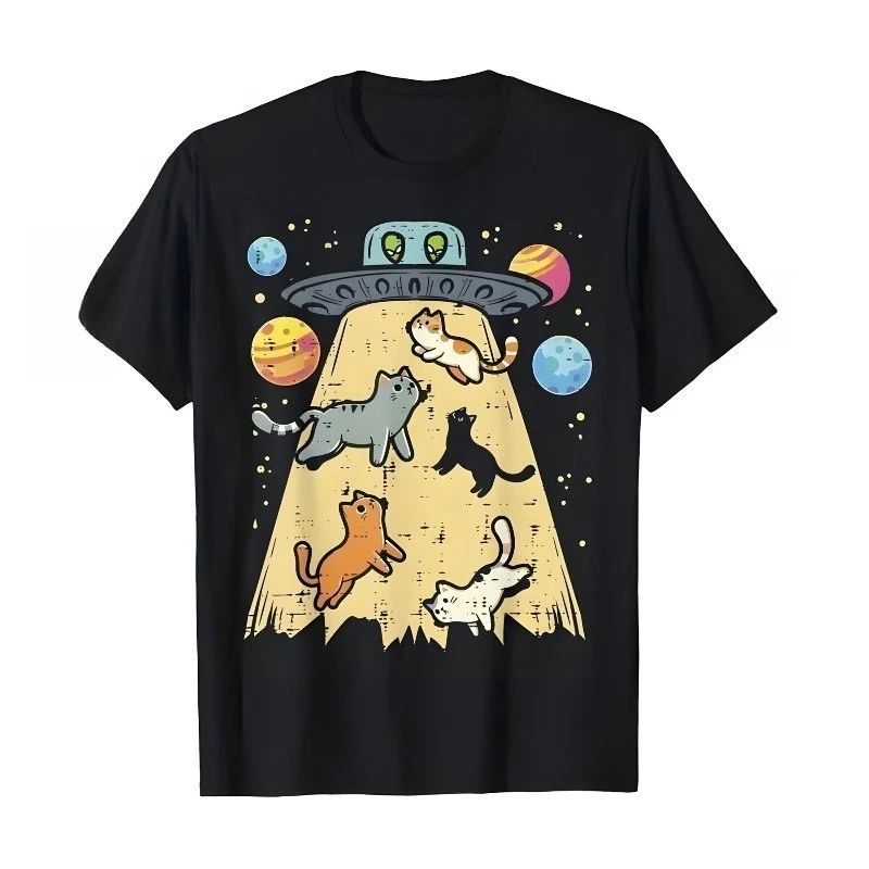 Men'S Retro Cartoon UFO Cat Abduction Graphic T-Shirt Whimsical Design Cute Tee
