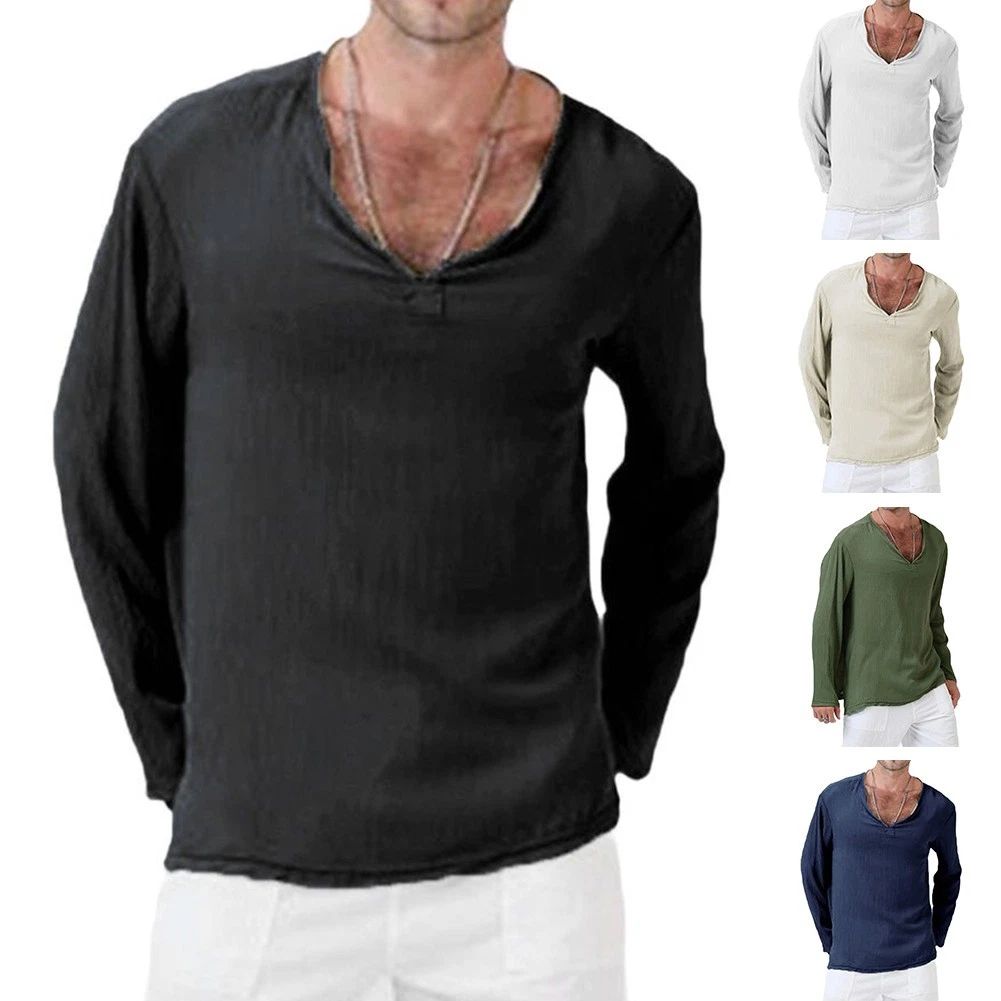 Mens Cotton Long Sleeve V Neck T Shirts Casual Breathable Simple Style Tees