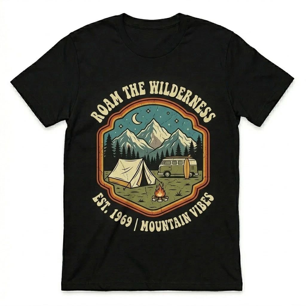 Roam The Wilderness T-Shirt Vintage 1969 Mountain Vibes Camping Hiking Graphic T